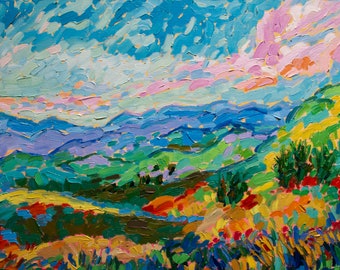 Mountains forest Oil Painting, high Quality print of Contemporary Art on canvas Nature Hills thick textured impasto Landscape modern Artist