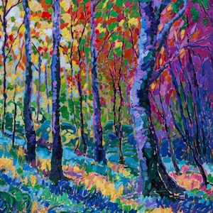 Oil Painting Sunshine in Forest trees abstract sun light in woods, impasto texture, colorful limited edition art print, original artist