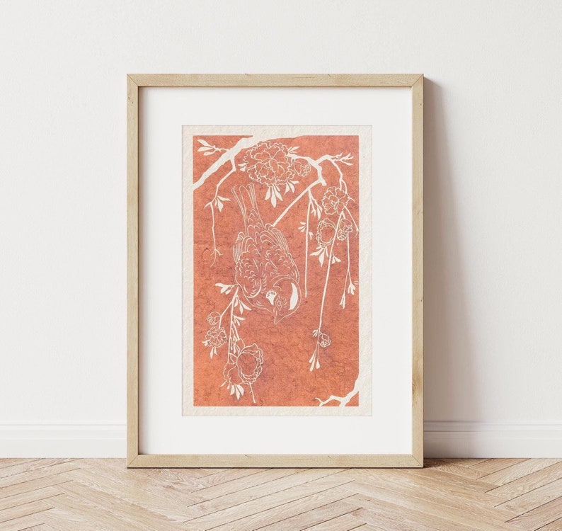 Sparrow copper ink linoprint on Hahnemuhle etched paper in wooden frame
