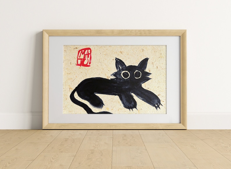 Målning Svart zenkatt liggande konsttryck av samtida wabi-sabi konstpapper med bananfibrer textur Rolig djurposter av modern konstnär Canvas Roll