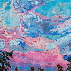 Fine art Oil Painting Giclée Print, Abstract clouds warm evening pink skies on Canvas art print Landscape, cloudscape by Contemporary Artist