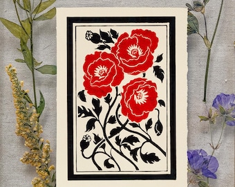 Poppies Red flowers with black buds and stems original Linocut blockprint floral  Plants & Nature, botanical print by Contemporary Artist