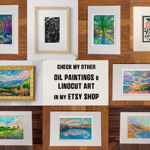 May include: A collage of 10 framed paintings and linocut prints. The paintings feature landscapes, flowers, and abstract designs. The text "CHECK MY OTHER OIL PAINTINGS & LINOCUT ART IN MY ETSY SHOP" is displayed in the center of the collage.