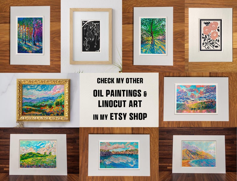May include: A collage of 10 framed paintings and linocut prints. The paintings feature landscapes, flowers, and abstract designs. The text "CHECK MY OTHER OIL PAINTINGS & LINOCUT ART IN MY ETSY SHOP" is displayed in the center of the collage.