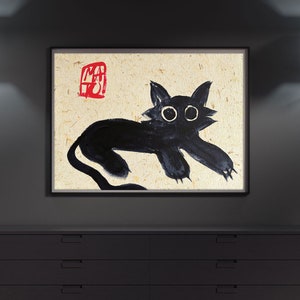 Målning Svart zenkatt liggande konsttryck av samtida wabi-sabi konstpapper med bananfibrer textur Rolig djurposter av modern konstnär bild 2