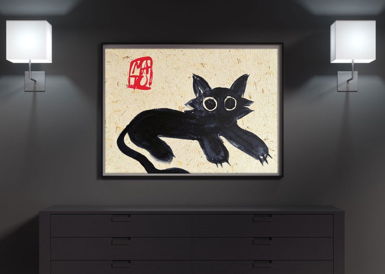 Målning Svart zenkatt liggande konsttryck av samtida wabi-sabi konstpapper med bananfibrer textur Rolig djurposter av modern konstnär bild 2