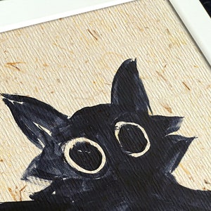 Målning Svart zenkatt liggande konsttryck av samtida wabi-sabi konstpapper med bananfibrer textur Rolig djurposter av modern konstnär Premium Giclée Print