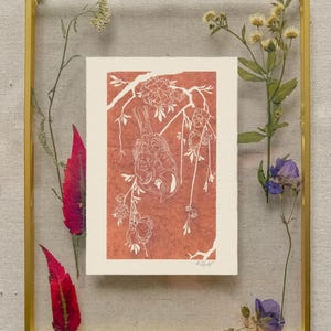 Sparrow copper ink linocut print on Hahnemuhle etched german paper in glass frame with dried flowers