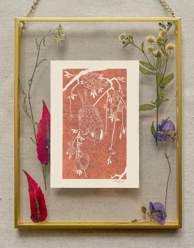 Sparrow copper ink linocut print on Hahnemuhle etched german paper in glass frame with dried flowers