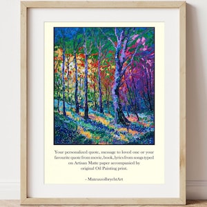 Arte personalizada Citação personalizada, poema, carta de amor com impressão de pintura a óleo, sol nas árvores da floresta, estilo texturizado espesso, citação datilografada