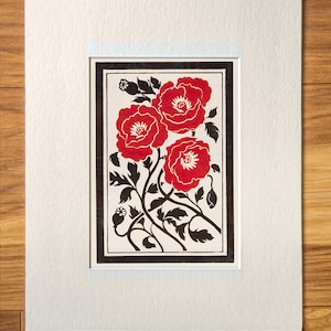 Red Poppies of original Linocut blockprint floral folk art Lino Print poppy plant flowers Nature, botanical art by modern Artist