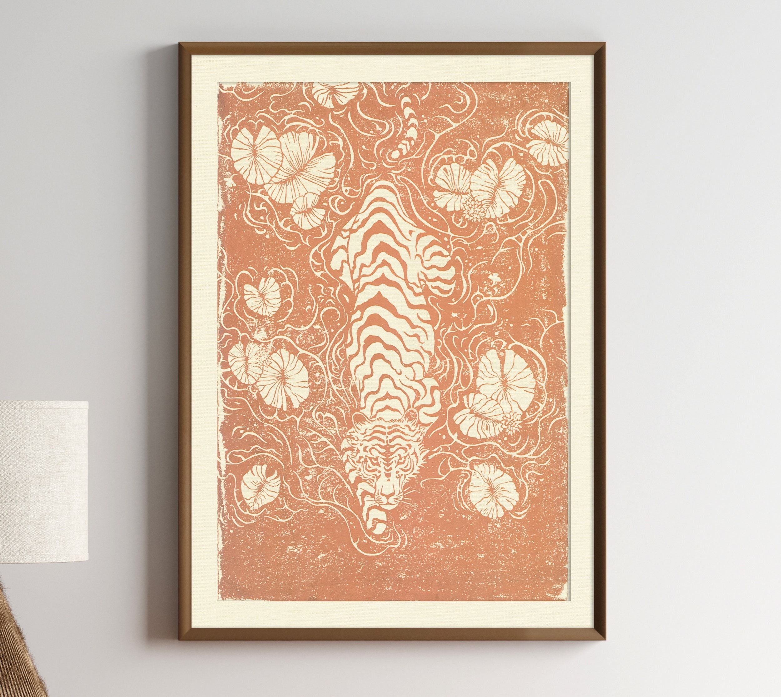White Tiger Lino Print Giclée of original Contemporary Linocut blockprint of prowler, big cat hunter Copper ink wall print, by modern Artist