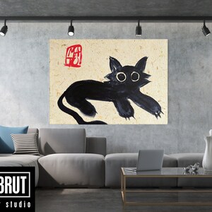 Målning Svart zenkatt liggande konsttryck av samtida wabi-sabi konstpapper med bananfibrer textur Rolig djurposter av modern konstnär Canvas Gallery Wrap
