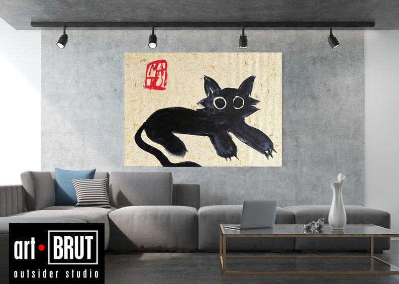 Målning Svart zenkatt liggande konsttryck av samtida wabi-sabi konstpapper med bananfibrer textur Rolig djurposter av modern konstnär Canvas Gallery Wrap