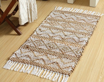 Tapis rectangulaire tressé tissé à la main avec un chemin en jute-coton indien naturel