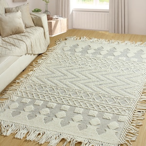 Hand Woven Wool Area Rug, Geometric Dhurrie, Ivory / Off White white rugs for bedroom home decor mothers day sale