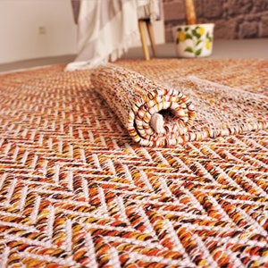 Hand-woven rug made of Scandinavian cotton Multi-colored zigzag pattern handmade rug made of cotton Reversible orange and white carpet