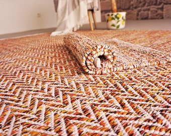 Hand-woven rug made of Scandinavian cotton Multi-colored zigzag pattern handmade rug made of cotton Reversible orange and white carpet