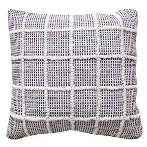 May include: A white and black woven throw pillow with a square pattern. The pillow is made of a soft, textured fabric.