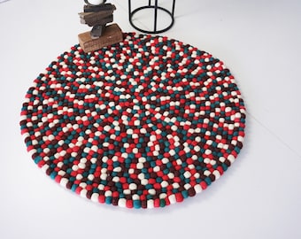 Felt ball rug-multicolored rug-90cm wool felt rug-room felt rug--100% wool-kids room decoration-organic-nature-free shipping