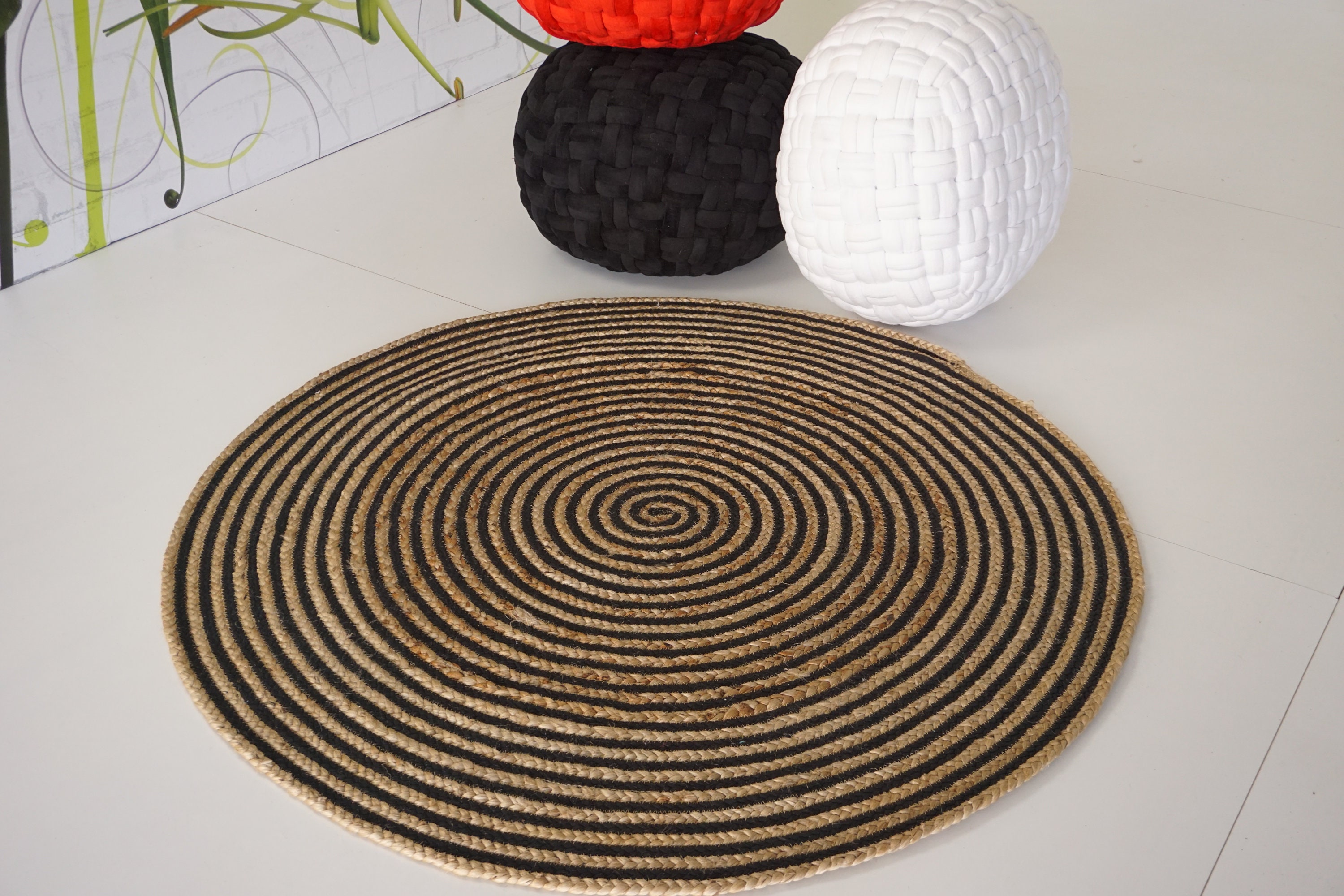 Jute cotton rug / handwoven rug / round black and white / Etsy