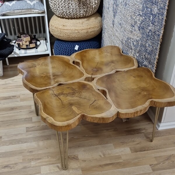 Couch Table coffee table , Designer Table  tree disc, rustic Coffee table teak 110cm | Four pieces | solid wood | tree disc