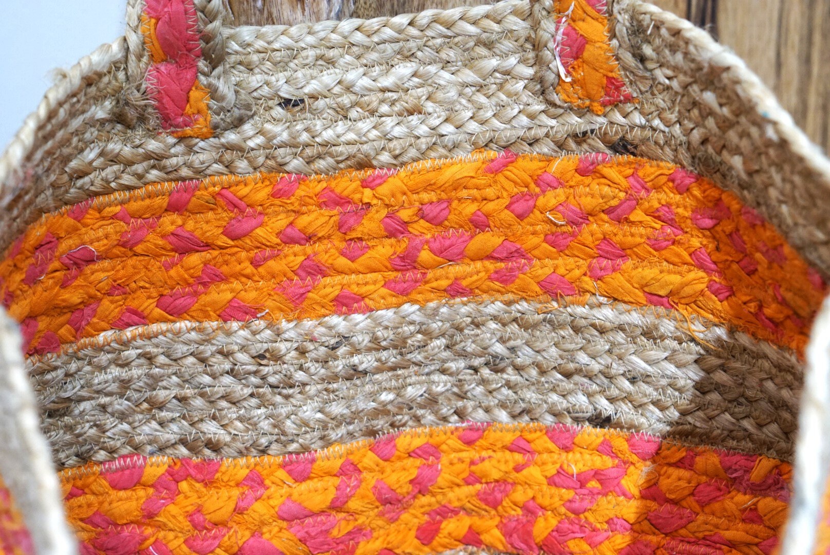 Recycled Fabric and Jute Bag Multicolored Handwoven Braided