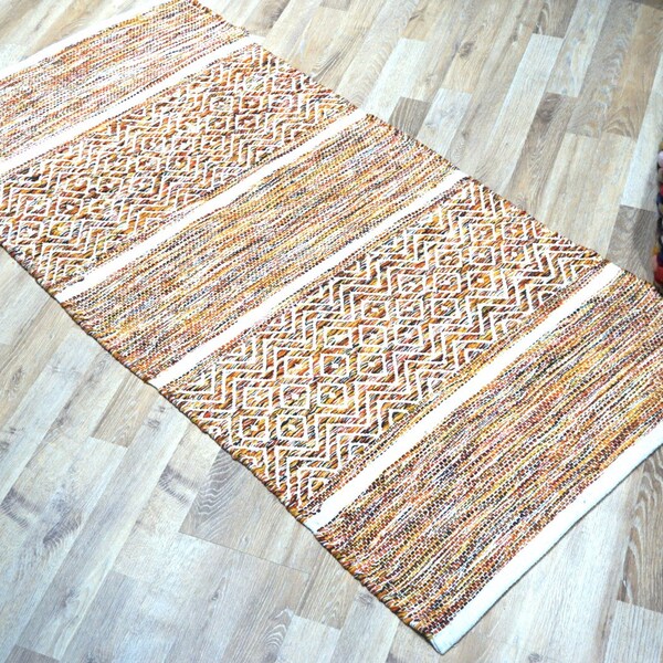 Scandinavian Cotton Handwoven Rug Multi Colored Zig Zag Pattern Cotton Handmade Rug Reversible Orange White Rug