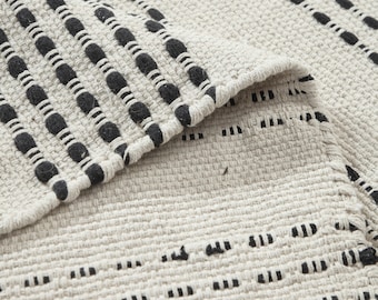 Scandinavian Cotton Handwoven Rug, Multi-Colored Honeycomb Pattern, Reversible Gray and White Rug