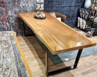 Live Edge table reclaimed single slab, conference table made of solid mango wood 245 cm length 100cm approx. width at the widest poin