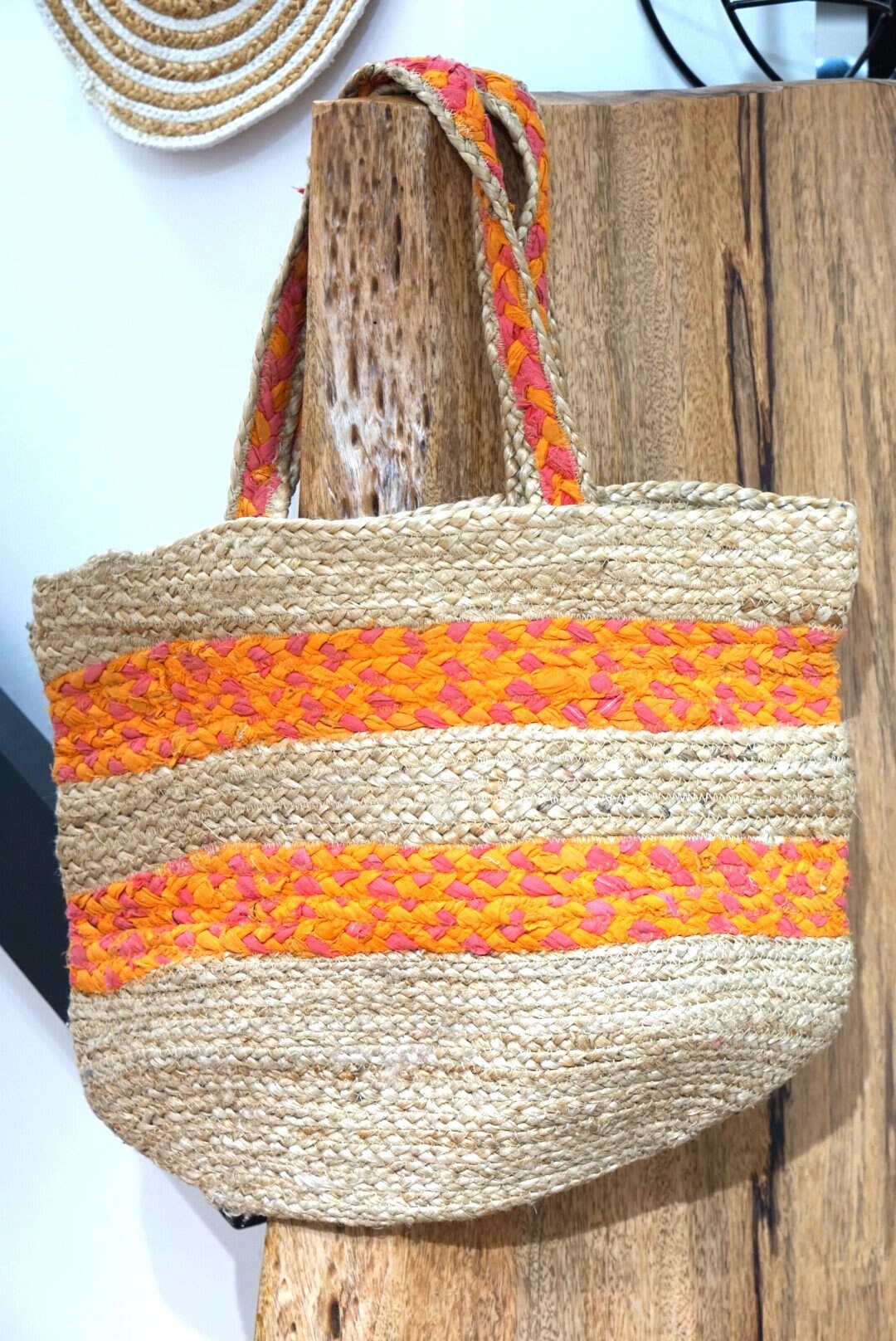 Recycled Fabric and Jute Bag Multicolored Handwoven Braided