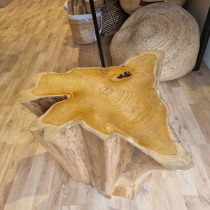 May include: A natural wood coffee table with a unique, irregular shape. The table is made from a single piece of wood and has a natural, rustic finish.