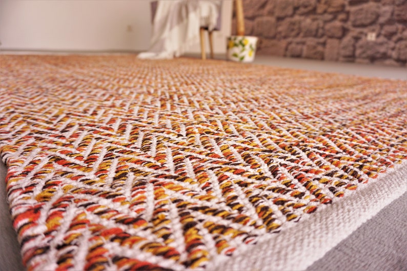 Hand-woven rug made of Scandinavian cotton Multi-colored zigzag pattern handmade rug made of cotton Reversible orange and white carpet image 4