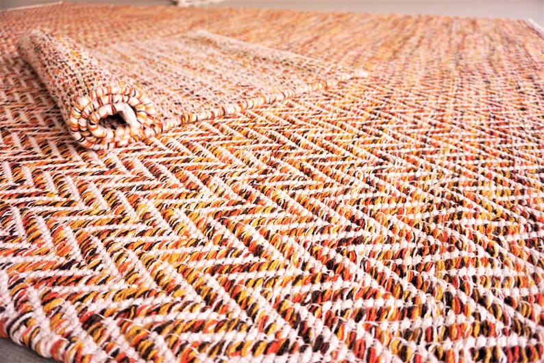 Hand-woven rug made of Scandinavian cotton Multi-colored zigzag pattern handmade rug made of cotton Reversible orange and white carpet image 1