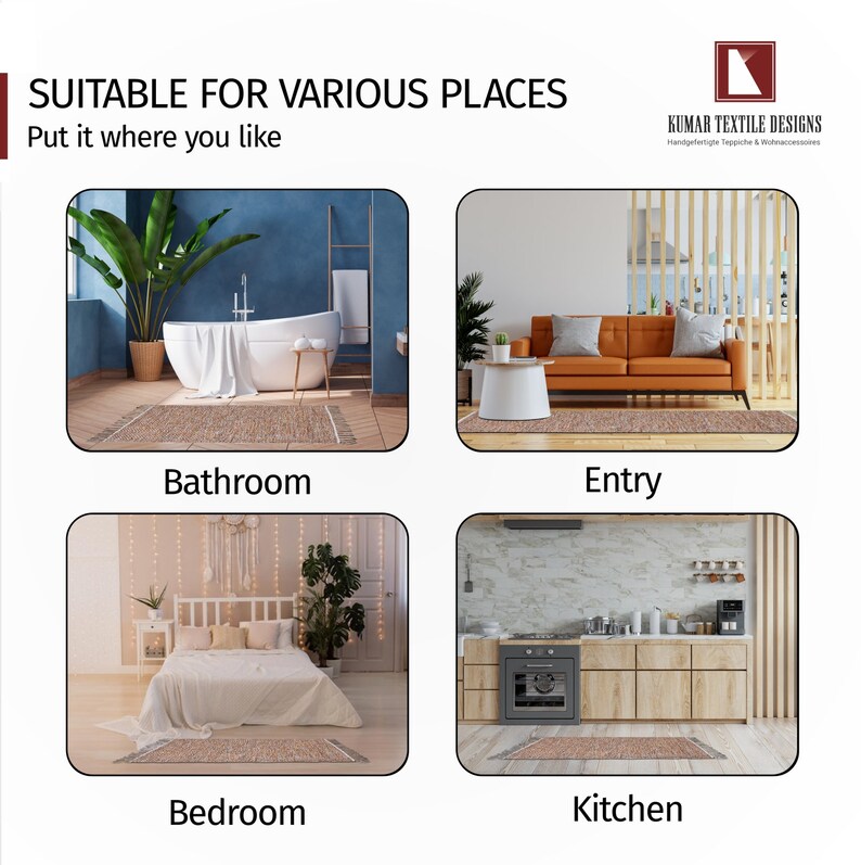 K&ouml;nnte beinhalten: Bild mit rechteckigen Teppichen in einem Badezimmer, Eingangsbereich, Schlafzimmer und K&uuml;che. Die Teppiche sind in einer neutralen Farbe mit Bord&uuml;rendesign gehalten. Der Text oben lautet "SUITABLE FOR VARIOUS PLACES" und "Put it where you like."