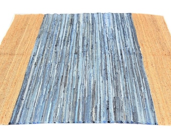Handwoven jute rug made of cotton carpet for living room rug brown blue rug made of recycled jute denim jeans boho home decor