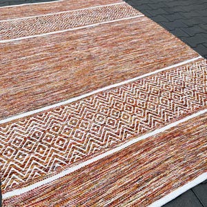 Scandinavian Cotton Handwoven Rug Multi Colored Zig Zag Pattern Cotton Handmade Rug Reversible Orange White Rug