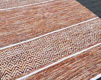 Scandinavian Cotton Handwoven Rug Multi Colored Zig Zag Pattern Cotton Handmade Rug Reversible Orange White Rug