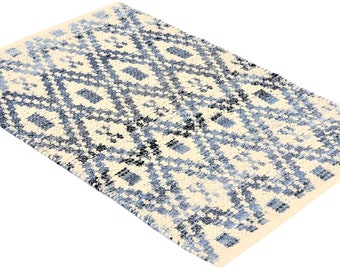 Badezimmer Teppich Chenille Denim Blau-Weiss  Baumwolle Upcycled handgewebt 60x90cm