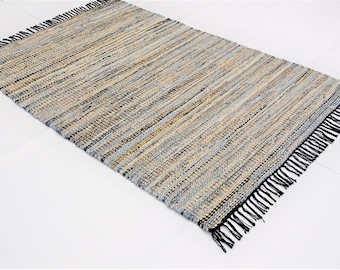 Denim Jute Rag Rug: Handgeweven, gerecycled, plat geweven, duurzaam boho-decor