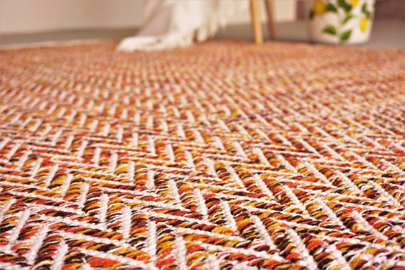 Hand-woven rug made of Scandinavian cotton Multi-colored zigzag pattern handmade rug made of cotton Reversible orange and white carpet image 2