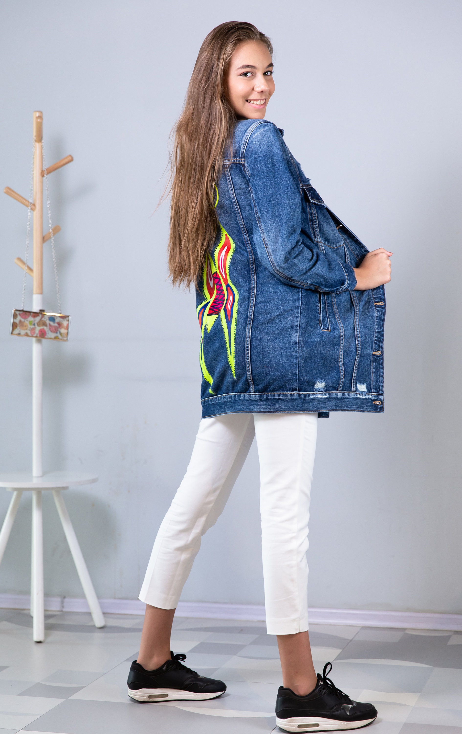 WOMEN DENIM JACKET / Cotton Long Sleeve Jacket, Ladies Spring Butterfly Painted Jacket, Ripped