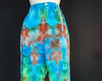 Size 10 ice dye bright boho colorful trouser pants. Wear a rainbow on your bottom half! Bright blue, orange, and green tie dye