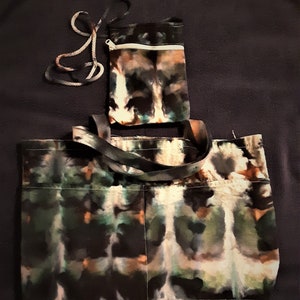 Ice dye tote bag and small purse set in gray, green, and orange. Tote is 17x14 and purse is 5 1/2 x 7 1/2 inches. Tote has side pockets