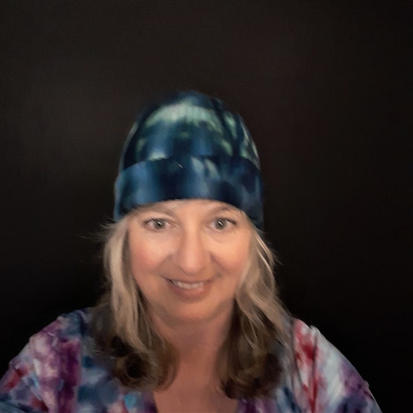 ice dye beanie in jade green and blue, thick warm cotton tie dye unisex hat, one size fits most.