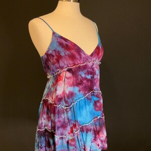 Medium ice dyed spaghetti strap top in blue and purple. Soft cotton tank shirt.