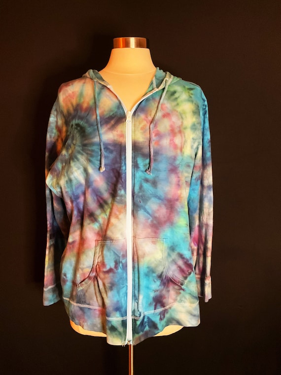 2X Ice Dyed Zip up Hoodie With Blue, Green, Purple, and Pink