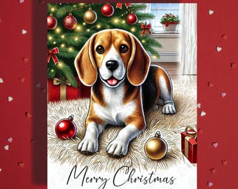 Beagle Dog Christmas Card – Watercolor Holiday Greeting with Christmas Tree, Cute Dog Lover Card Set