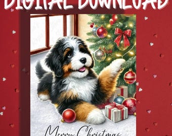 Könnte beinhalten: Digitaler Download mit einem Berner Sennenhund-Welpen mit schwarzem, braunem und weißem Fell, vor einem Weihnachtsbaum und Geschenkboxen. Der Text "Merry Christmas" steht darunter.