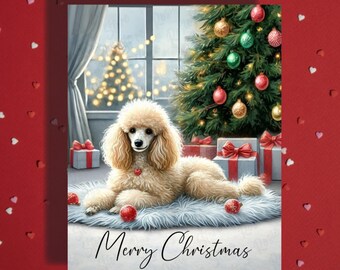 Könnte beinhalten: Weihnachtskarte mit einem cremefarbenen Pudel, der auf einem flauschigen Teppich liegt. Im Hintergrund befinden sich ein geschmückter Weihnachtsbaum und verpackte Geschenke. Die Worte "Merry Christmas" stehen unten auf der Karte.